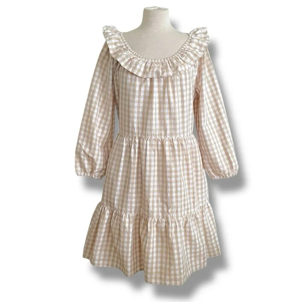 J Crew Womens Seersucker Dress Sz 12 Tan White Gingham Ruffle Neck Mini Preppy